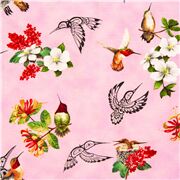 Tela floral rosa con picaflores de colores y en estilo nativo americano