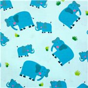 Tela infantil de elefante madre y cr&iacute;a algod&oacute;n azul claro hierba