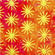 Tissu batik en coton orange rouge avec des &eacute;toiles vertes aspect teint&eacute; coupon