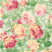 Tela floral japonesa verde menta rosas rojo amarillo rosa grandes hojas verdes