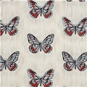 Tela algod&oacute;n crema mariposa rojo gris detalle plateado Retazo