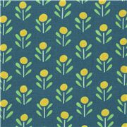 Tela algod&oacute;n azul verdoso simple dise&ntilde;o floral amarillo con hojas