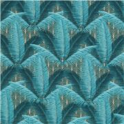 Tela con hojas tropicales pluma azul verdoso