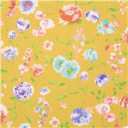 Tela amarillo ocre Jap&oacute;n grandes y peque&ntilde;as flores azul rojo rosa hojas acuarela