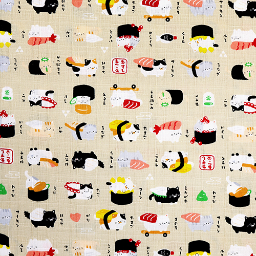 Cute Food Sushi Cats Beige Fabric by Cosmo