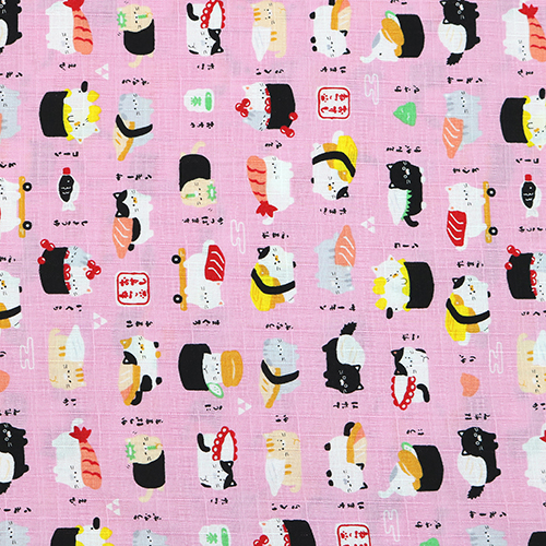 Cute Food Sushi Cats Pink Fabric by Cosmo