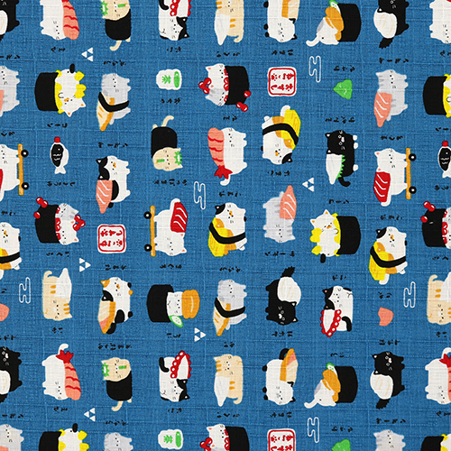 Cute Food Sushi Cats Dark Blue Fabric by Cosmo