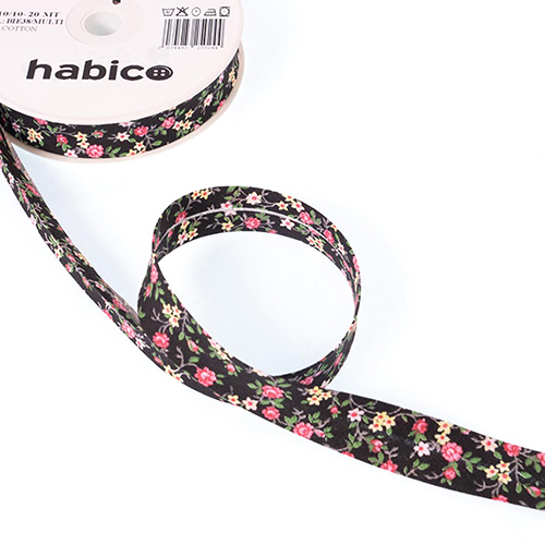 Biais Fleur 20mm - Motif Floral Noir