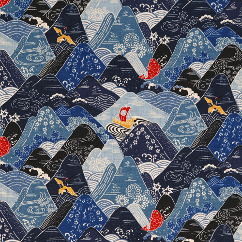 Japanische Berge Meer Fische Boote