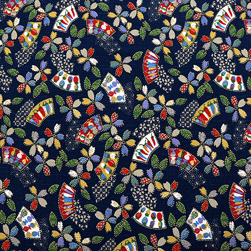 Fleurs Colores et ventails Indigo Piments Tissu par Japanese Indie