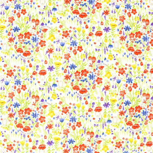 Fleurs De Prairie Chats Et Oiseaux Tissu par Japanese Indie