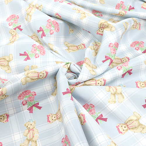 Adorable Bear Tartan Plaid Roses Blue 2
