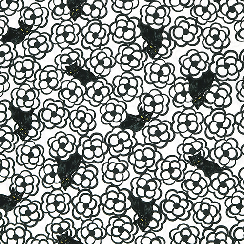 Chats Noirs Esquisss Calligraphie Fleurs Tissu par Japanese Indie