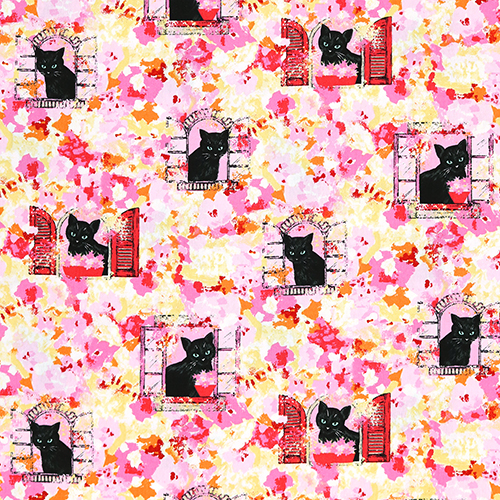 Chat Noir Fentres Florales Peinture Montage Tissu par Japanese Indie