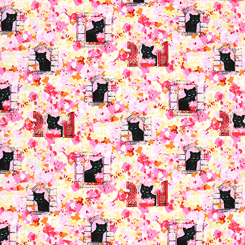Schwarze Katze Fenster Malerisches Blumenmontage 4