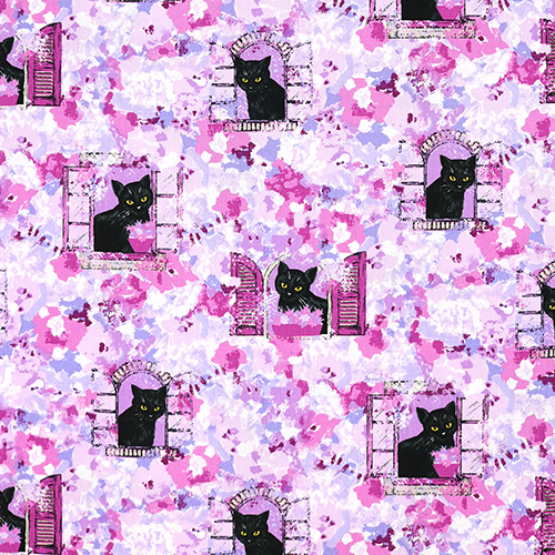 Chat Noir Fentres Florales Peinture Montage Tissu par Japanese Indie