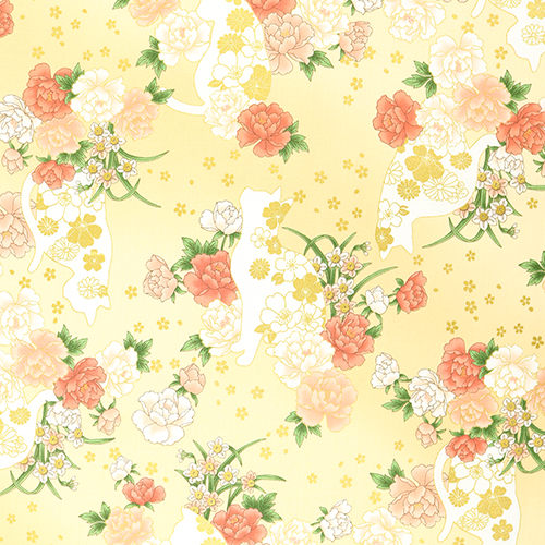 Goldene Katzensilhouette Japanische Blumen Stoff von Japanese Indie