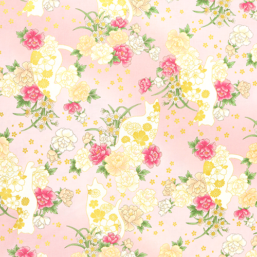 Goldene Katzensilhouette Japanische Blumen Stoff von Japanese Indie