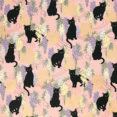 Neko Chat Noir Glycines Fleurs Dorées