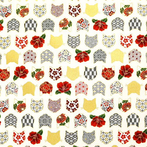 Tte de chat Or Motif japonais Camlia Tissu