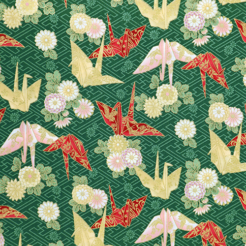 Golden Origami Paper Crane Green Fabric