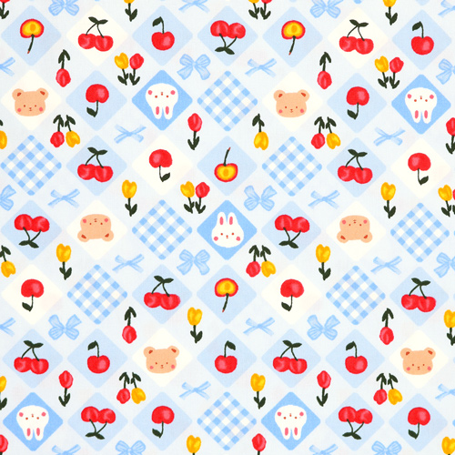 Animales Lazos De Cuadros Flores Cerezas Tela de Japanese Indie