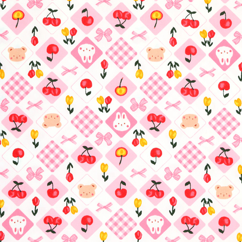 Animales Lazos De Cuadros Flores Cerezas Tela de Japanese Indie