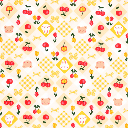 Animales Lazos De Cuadros Flores Cerezas Tela de Japanese Indie