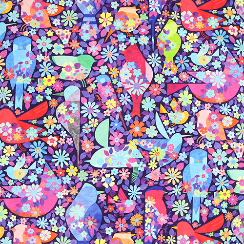 Oiseaux Colors Rtro Lumineux Floraux Tissu par Japanese Indie