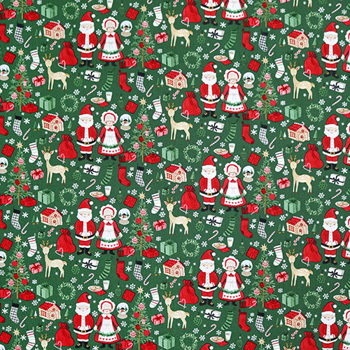 Santa & Mrs. Claus Green Charming Christmas Fabric