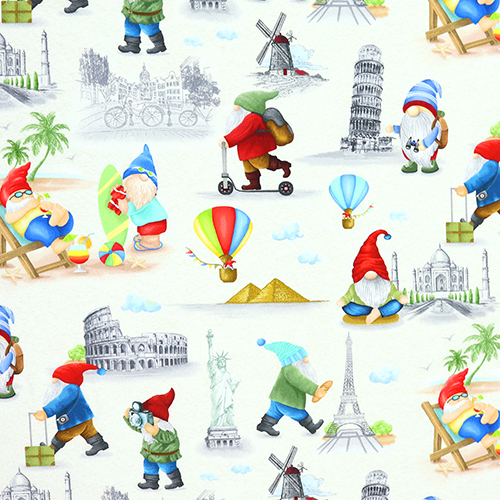 Gnomes Voyageurs En Vacances  Travers Le Monde Tissu par Timeless Treasures