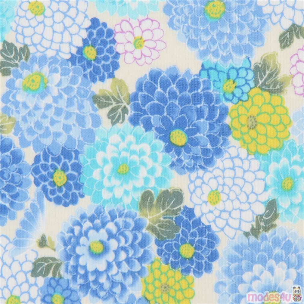 Kokka flower knit fabric with blue and turquoise chrysanthemum modeS4u