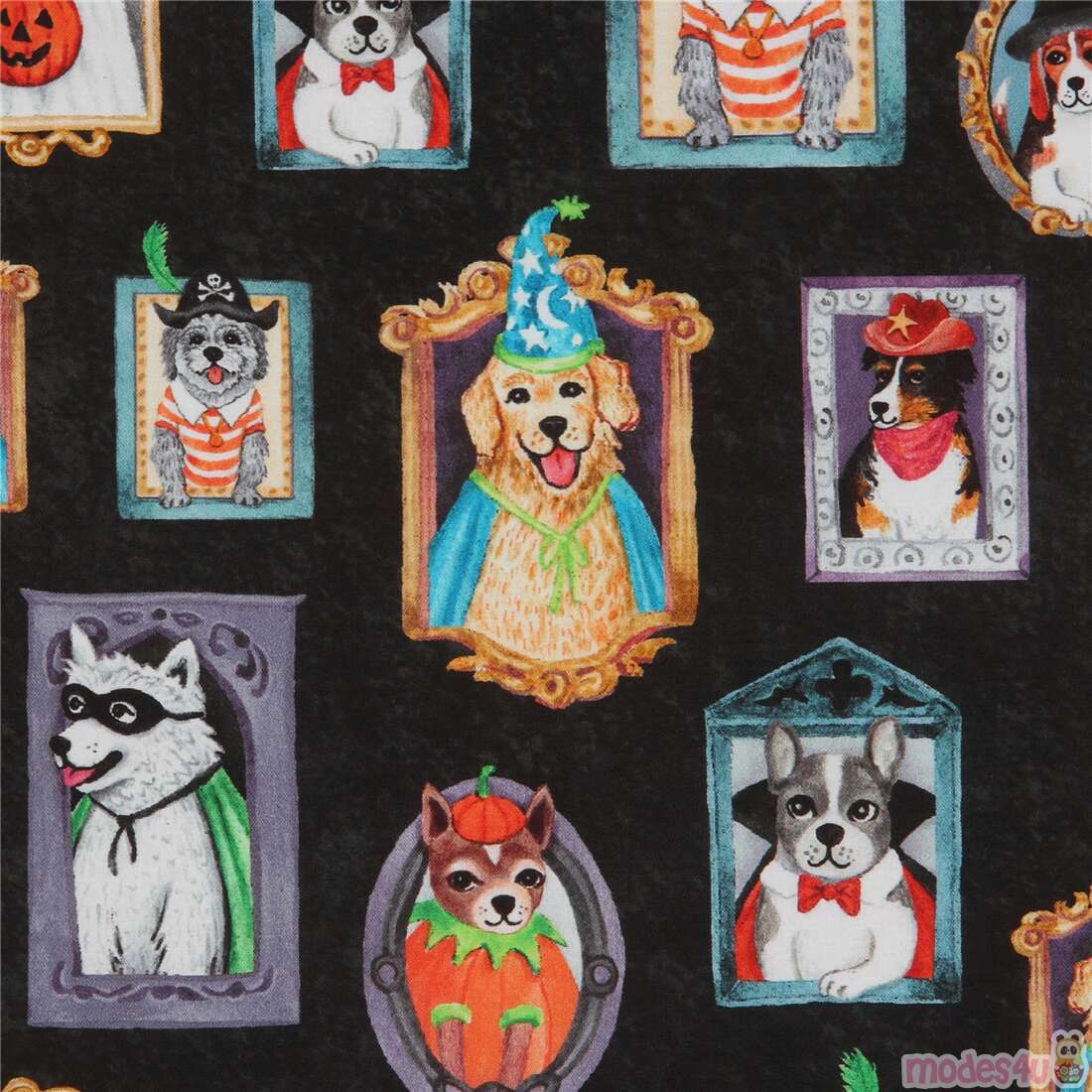 black Michael Miller Halloween picture frame fabric with dogs in