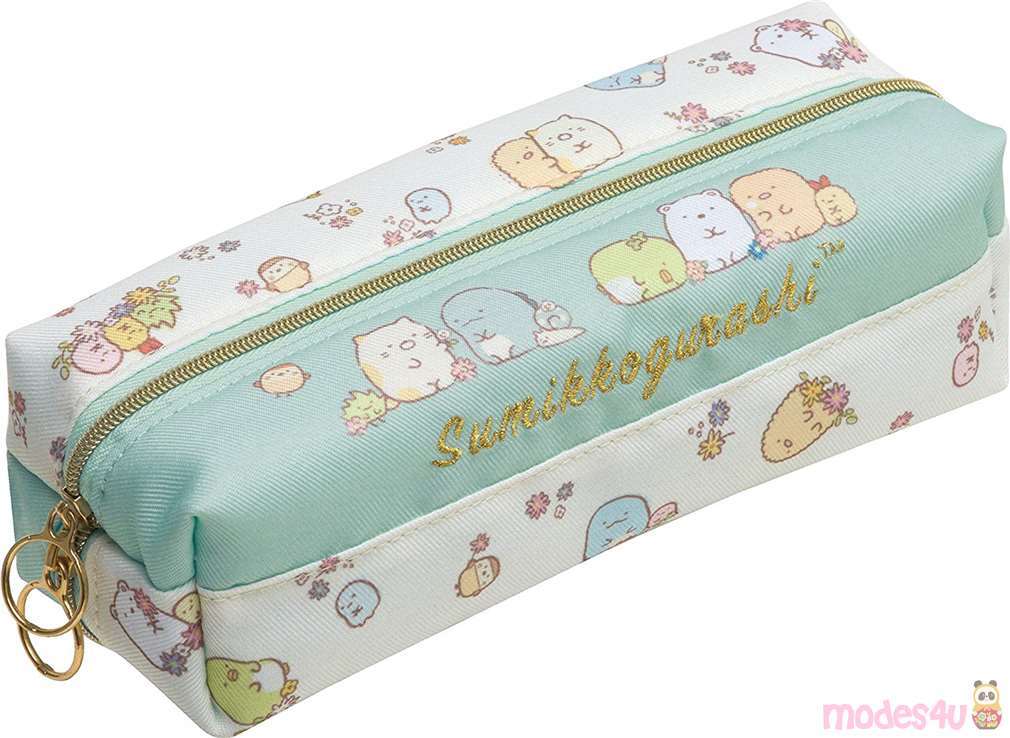 blue and cream Sumikkogurashi pencil case with flowers - modeS4u