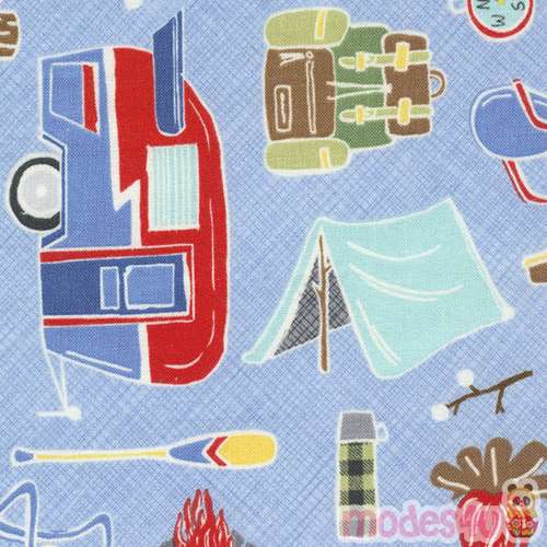 blue fabric with canoe tree camping theme by Timeless Treasures modeS4u