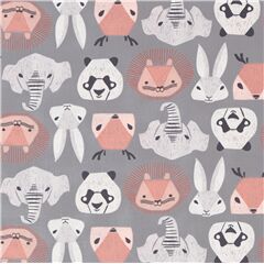 Tissu gris avec des animaux ttes de pandas, lphants, lions (coupon)