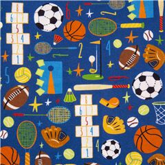 Hinterhof-Sportartikel auf blauem Baumwollstoff USA (Reststück)