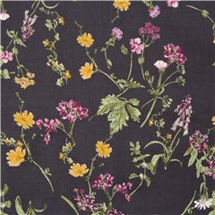 Schwarzer Baumwoll-Batist mit detailliertem Wiesenlwenzahn Blumen Stoff von Japanese Indie