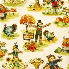 Tissu crme avec des rcoltes, des pouvantails, des citrouilles, des dindes Tissu par Michael Miller