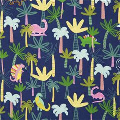 tessuto blu scuro cotone dinosauri colorati alberi Tessuto di Dear Stella