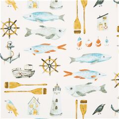 Tissu nautique en coton blanc carpes, ancres, poissons, bord de mer Tissu par Dear Stella