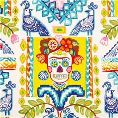 Tissu coton blanc Frida ttes de mort en sucre, oiseaux, fleurs Tissu par Alexander Henry