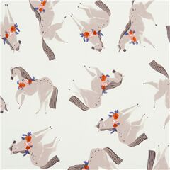 Graue Ponys mit Blumengirlande illustrierter weier Baumwollstoff Stoff von Dear Stella