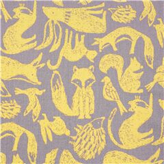 Tissu popeline broadcloth japonais gris oiseaux renards livres hrissons faune Tissu par Japanese Indie