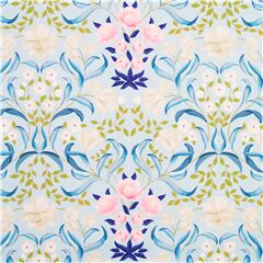 Tissu bleu clair avec des fleurs  volutes blanches et roses Tissu par Quilting Treasures