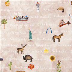 tela de algodn beis con iconos y texto nombre estados EE. UU. Tela de Michael Miller