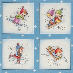 Tissu en coton bleu avec des enfants rigolos  la neige en hiver Tissu par Michael Miller