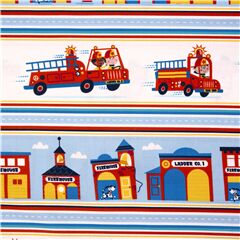  La Rescousse Camions De Pompiers  Rayures Tissu par Michael Miller
