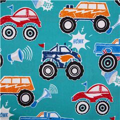 Tissu coton bleu sarcelle vhicules monster trucks multicolores Tissu par Michael Miller