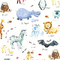 Michael Miller weier Baumwollstoff mit aquarellierten alphabetischen Tieren Stoff von Michael Miller
